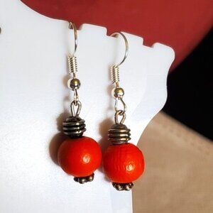 Silver Tone Hook Orange Wood Bead Dangle Earrings